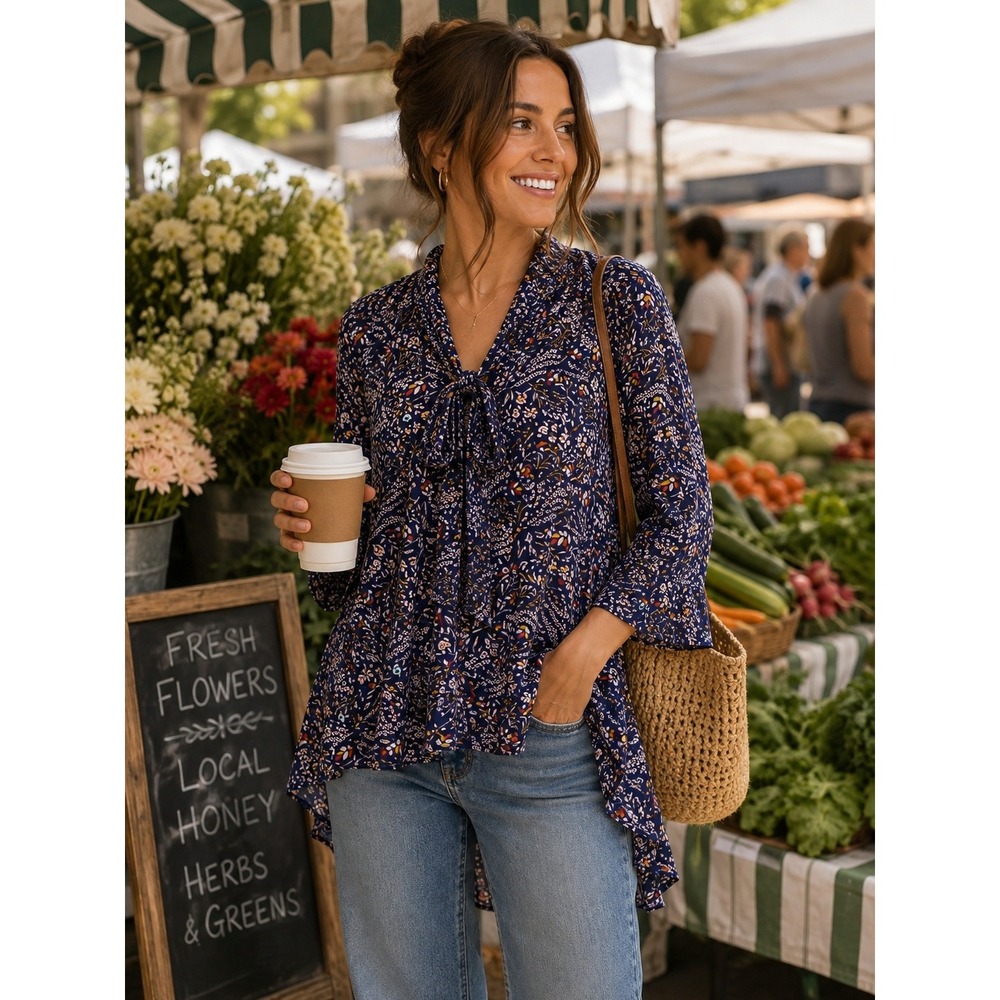 Anthropologie Maeve Navy Floral Boho High Low Tunic Cottagecore Blouse Fall XS
